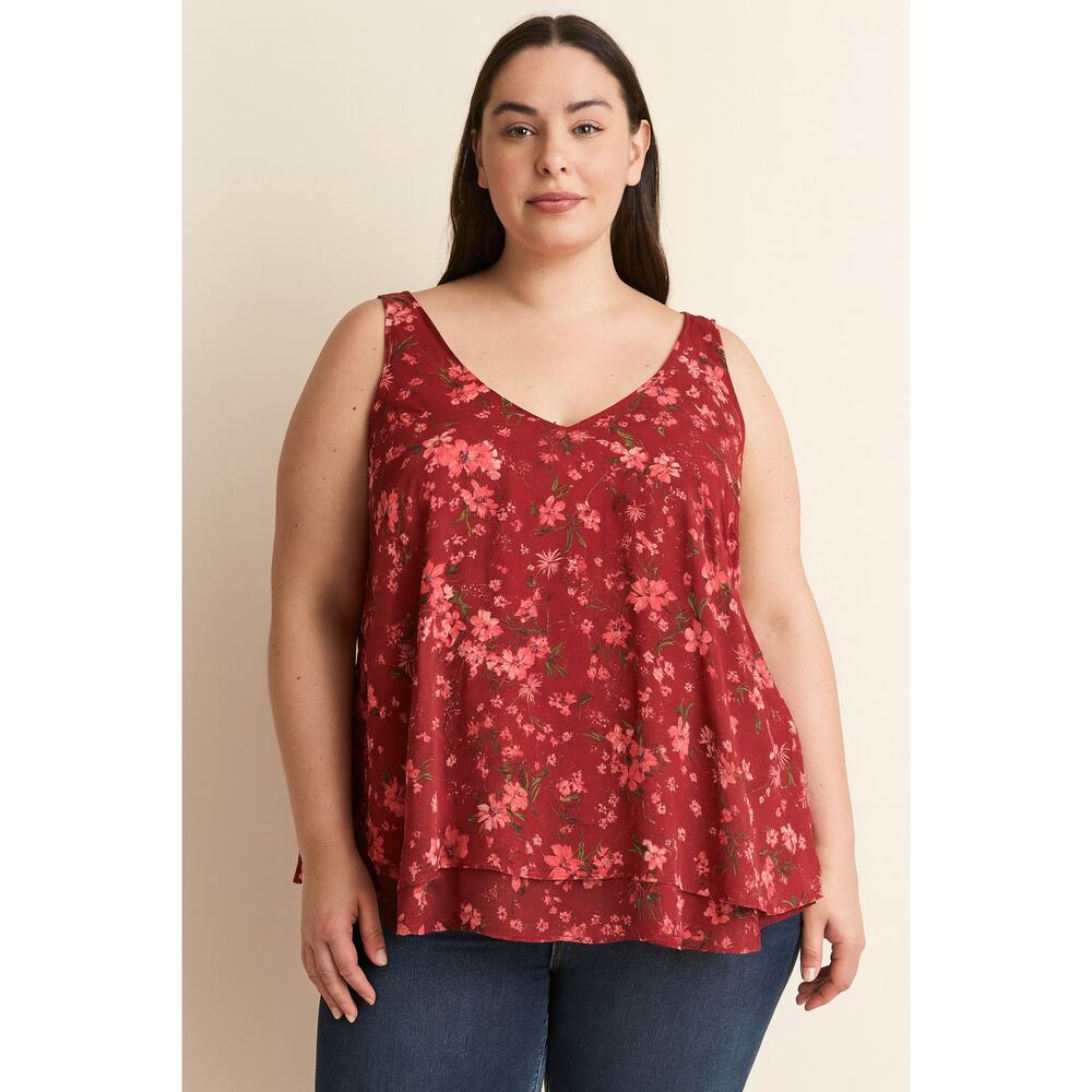 Lane Bryant Women’s Wine Floral Double Layer Chiffon Swing Tank Top - Size 30/32 - Picture 2 of 9